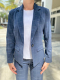 Ecru One Button Blazer with Embroidery - Blue Pinstrip Jacket