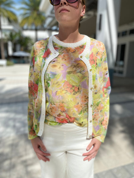Marc Cain Cardigan 420 - Sheer Floral Yellow Long Sleeve White Trim