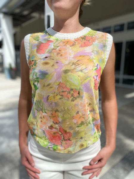 Marc Cain Top 420 3 Floral Sheer Sleeveless Yellow Blouse