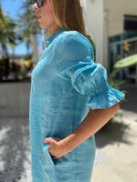 Finley Miller Dress Cross Dye Linen Caribbean Blue