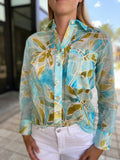Finley Andie Boyfriend Shirt Seaweed Print Teal Multi