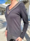 Leo Ugo Top BH941 Black Sweater  Mesh V Neck Black Stud Detail