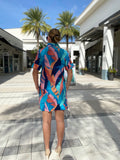 Tori Richard Living Large Monica Dress -  Multi Blue and Peach Print Short Sleeve Dress