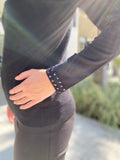 Leo Ugo Top BH941 Black Sweater  Mesh V Neck Black Stud Detail