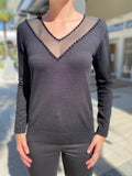 Leo Ugo Top BH941 Black Sweater  Mesh V Neck Black Stud Detail