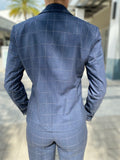 Ecru One Button Blazer with Embroidery - Blue Pinstrip Jacket