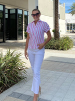 Finley Roll Sleeve Camp Shirt Bold Stripe White/Pink