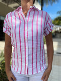 Finley Roll Sleeve Camp Shirt Bold Stripe White/Pink