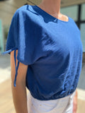 Goldie Mariana's Crop with Ruched Shoulder Estate Blue with String Accent