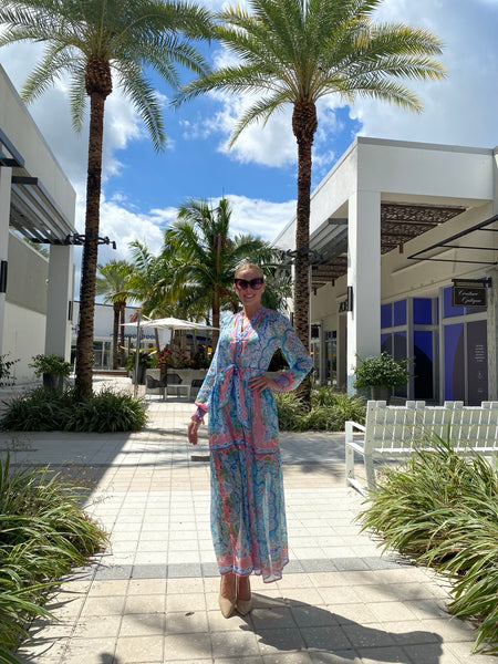 Hale Bob LS Maxi Dress PNK  Elegant Soft Blue and Pink