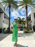 Finley Cameron Halter Dress Citrus Meadow Tropical Green Open Back Maxi Dres