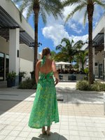 Finley Cameron Halter Dress Citrus Meadow Tropical Green Open Back Maxi Dres