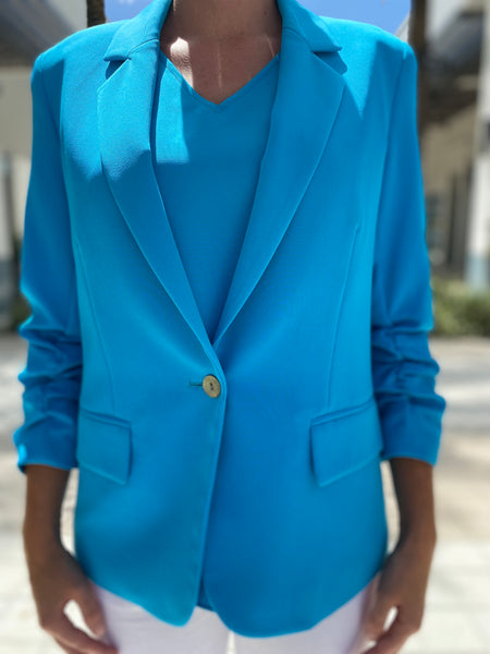 Estelle and Finn Ruched Sleeve Jacket Turquoise