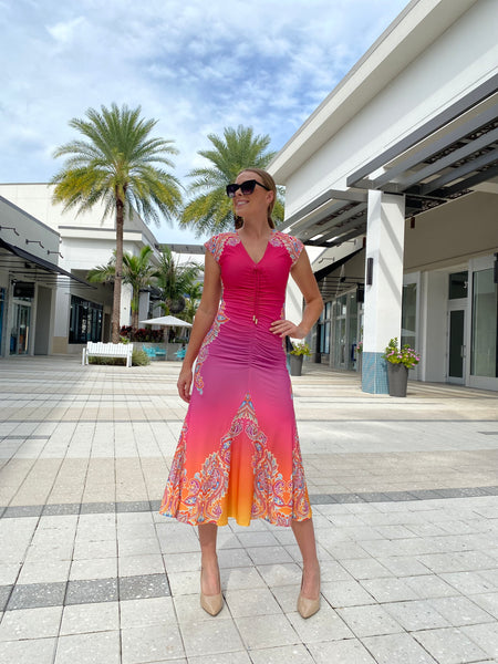 Hale Bob Shirred Form Fitting V-Neck Sleeveless Midi Dress Pink