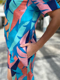 Tori Richard Living Large Monica Dress -  Multi Blue and Peach Print Short Sleeve Dress