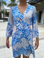 Hale Bob V Neck Dress Blue and White Small Tiled Print Long Sleeve Dress