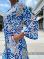 Hale Bob V Neck Dress Blue and White Small Tiled Print Long Sleeve Dress