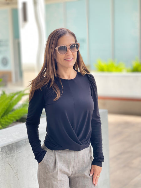 Black Puff Sleeve Drape Top